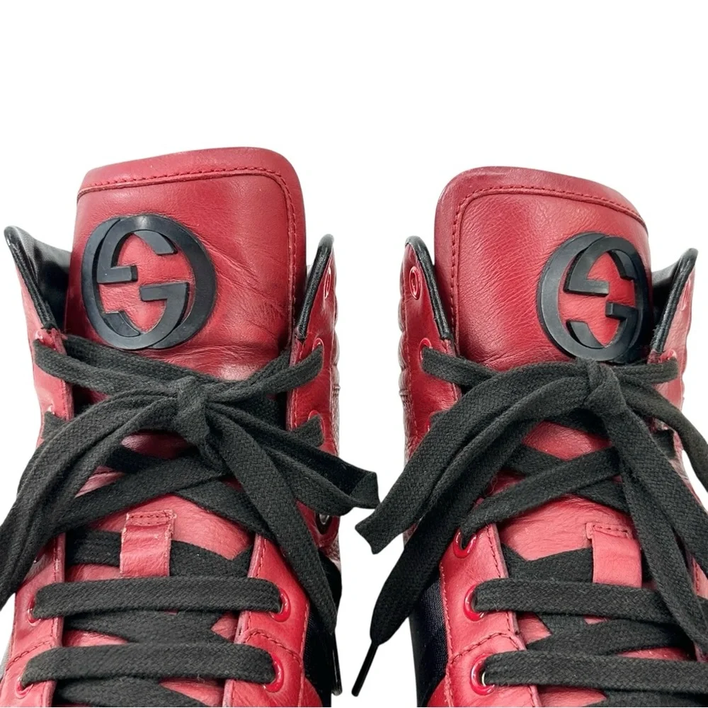 GUCCI Viaggio GG Red & Black Men's Leather High Top Lace Up Sneakers sz 8.5